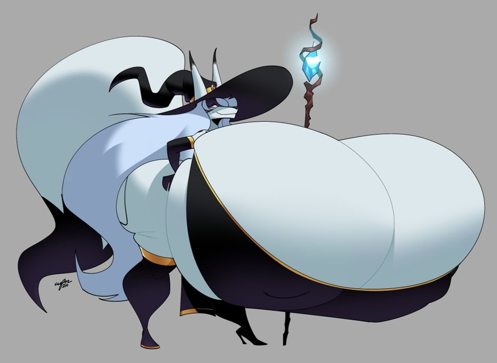 A picture of a very large breasted witch fox holding a magical staff