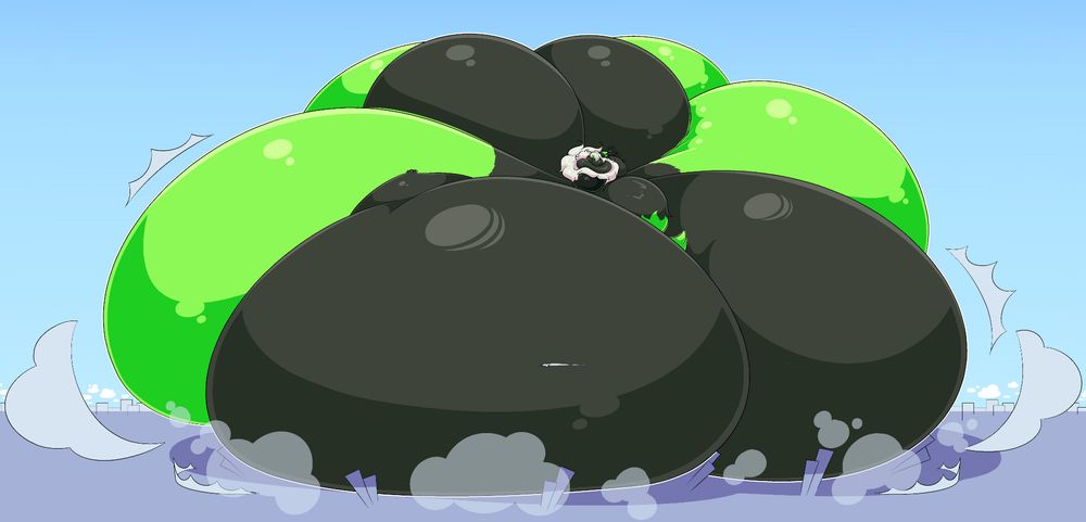 A colossal black and green digimon with a titanic belly, huge moobs and a titanic ass has suddenly appeared, flattening most of a city under their sheer bulk.