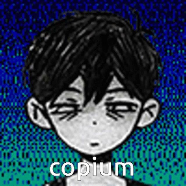 a black and white drawing of a boy 's face with the word copium written on it .