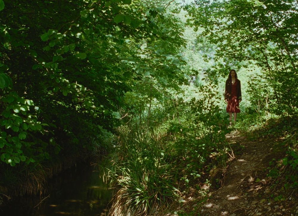 Paysage de forêt verdoyante dominé par les végétaux, où en fond sur la droite, sur un sentier, se tient une jeune femme immobile