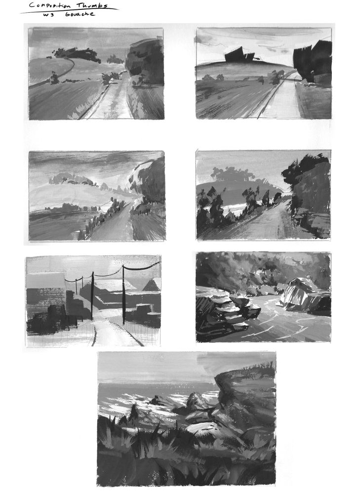 Small landscape thumbnail paintings with gouache, approximately 2x3 inches. Forest road, river and ocean views