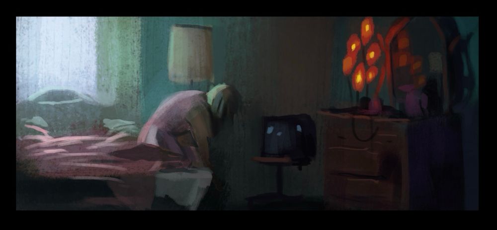 Digital painting of a still frame from the movie It Follows. A woman sits on a bed putting on shoes. 