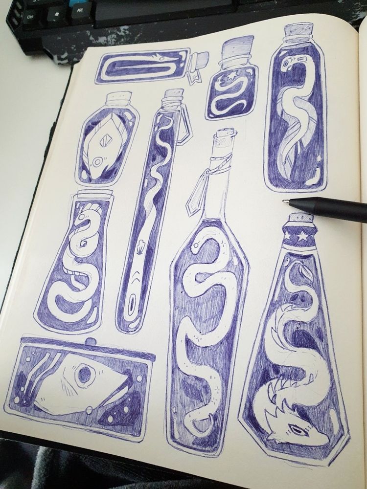 Sketches of various potions and bottles with stranges animals/fishes inside
