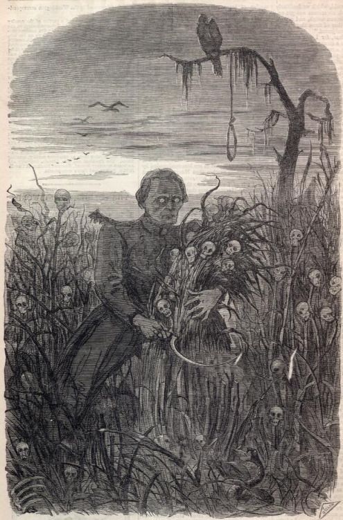 A gaunt woman with blank eyes clutched a bundle of witch full of little skulls.