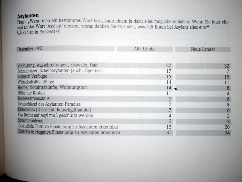 Beispielfrage aus dem Jahrbuch, dort Seite 537. 

 Frage: „Wenn man ein bestimmtes Wort hört, kann einem ja dazu alles mögliche einfallen. Wenn Sie jetzt einmal an das Wort 'Asylant' denken, woran denken Sie da zuerst, was fällt Ihnen bei Asylant alles ein?"

Antworten waren u.a. "Verfolgung, Ausschreitungen, Krawalle, Haß",
"Schmarotzer, Scheinasylanten", "Politisch Verfolgte", "Wirtschaftsflüchtlinge". Zwei Zusatzfragen erheben die Einstellung der Befragten zu "Asylanten" als postiv oder negativ. In den "alten Ländern" ist das Verhältnis positiv=13%, negativ=31%. In den "neuen Ländern": positiv=20% und negativ=34%