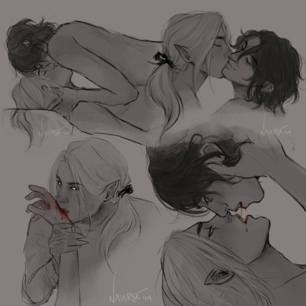 A monochromatic assortment of sketches of Judah, a vampire with long blonde hair and pointed ears kissing his boyfriend Edward, a man with affinity for magic. Edward has somewhat short, wavy dark hair. In one sketch, Judah is licking blood from Edward’s hand. 