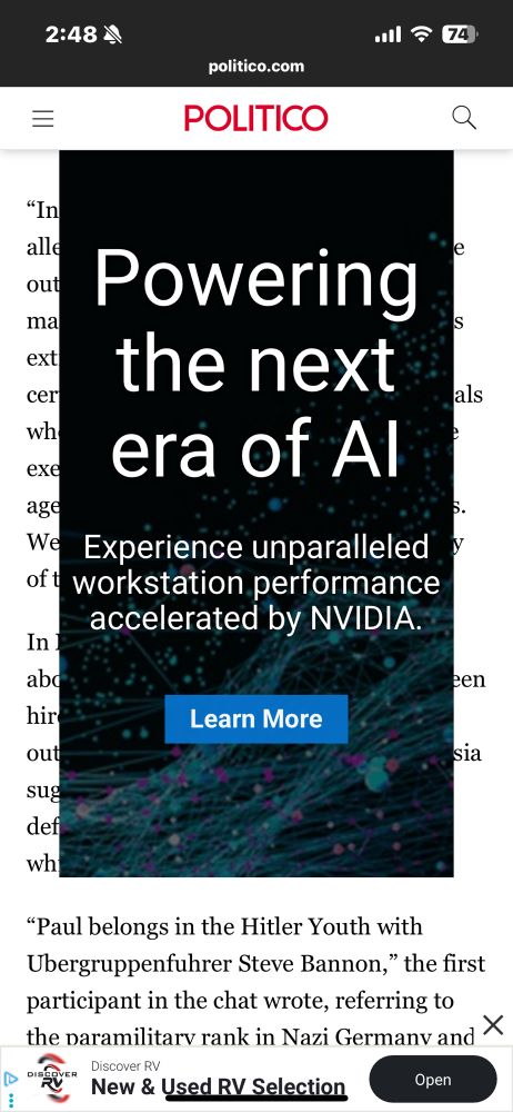politico article on some trump nominee, with 80% of the page covered by a giant nvidia ai ad. there’s also a banner ad at the bottom of the page