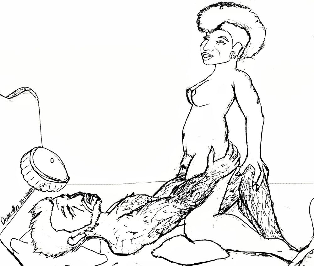 Transman!Wolverine thrusting up into
Mohawk!Storm, who is riding him cowgirl style in a bed. He is holding onto her butt while she uses his knee as leverage. Pen lineart sideview.