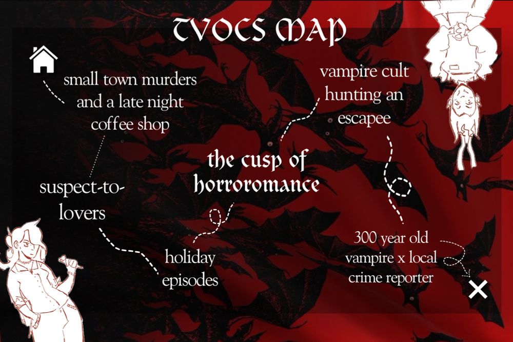 a red background with an ombré of black bats flying left to right. over top is a semi transparent black box that includes a white map of a path from house to where the x marks the spot. it’s a real trope map with tropes in white text reading: “small town murders and a late night coffee shop, suspect-to-lovers, holiday episodes, the cusp of horroromance, vampire cult hunting and escapee, and 300 year old vampire x local crime reporter” “TVOCS trope map” and a doodle of andrea (tall white woman with thick hair wearing a bottom down) in the bottom left corner, and dalia (a vampire hanging like a bat) in the top right corner