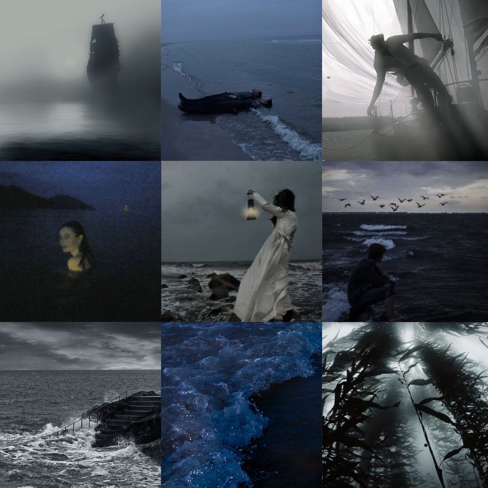 a nine picture ocean moodboard 

row 1, 3 pics: a black and white foggy picture of a pirate ship, two people fully clothed laying on the sand as the waves wash up to their heads, a black and white foggy picture of a man in ship sails
row 2, 3 pics: a girl swimming in the ocean at night, a woman holding a lantern looking out at the sea, a boy sitting on the beach at sunrise
row 3, 3 pics: waves crashing up against dark rock stairs, sparkly dark blue waves washing up at night, a dark picture of a kelp field
