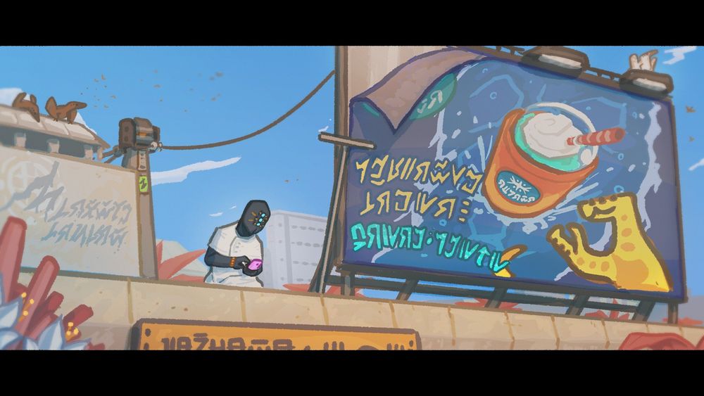 not_afghan_not_iranian alien slacker sitting and slacking by NOT finishing gluing an ad for some kinda scuffed-ass shake to a billboard