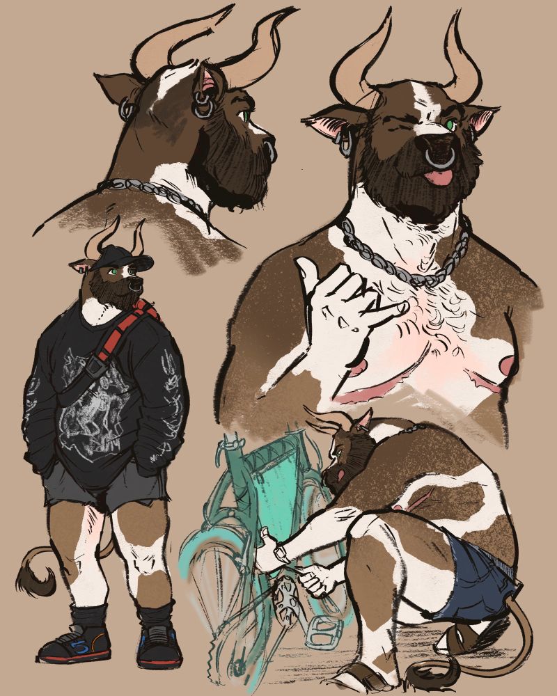 a couple vignettes of an anthro, brown spotted bull with a beard. 1) Headshot looking away from viewer. 2) Bust looking at viewer, tongue out, hand 🤙 3) fullbody shot with outfit 4) fullbody shot tying frame bag onto a bike 