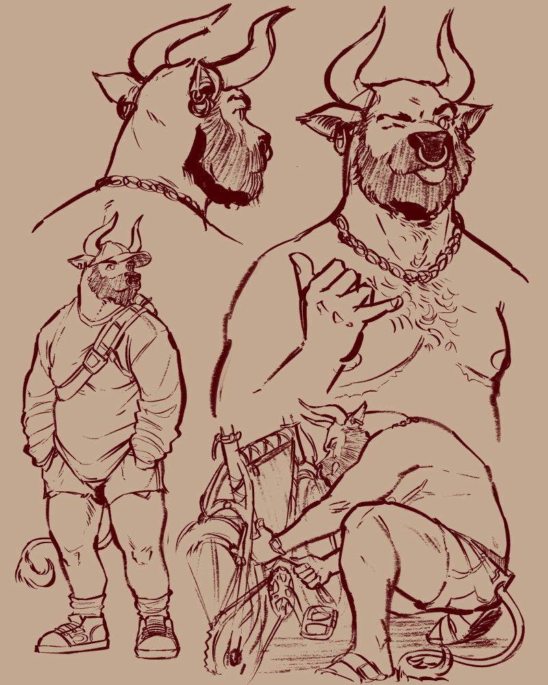 a couple vignettes of an anthro, brown spotted bull with a beard, this version is inking only. 1) Headshot looking away from viewer. 2) Bust looking at viewer, tongue out, hand 🤙 3) fullbody shot with outfit 4) fullbody shot tying frame bag onto a bike 