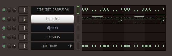 An array of instruments in FL Studio with strange names, reading top to bottom: RIDE INTO OBSESSION (all capitals - A.N.), high tide, djemko, orkestras, jon snow