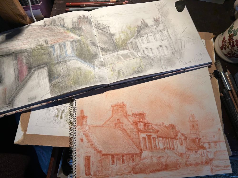 Some sketches of streets in a Scottish village in Fife, with 17th century buildings.