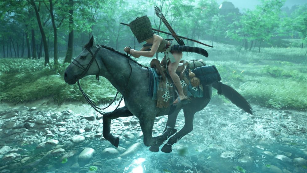 Screenshot from Ghost of Yotei. The main character is riding a horse wearing only a fundoshi and a tengai hat.