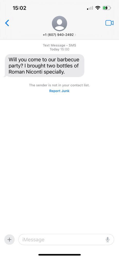 Screenshot of iPhone text message with the text “Will you come to our barbecue party? I brought two bottles of roman niconti specially.”