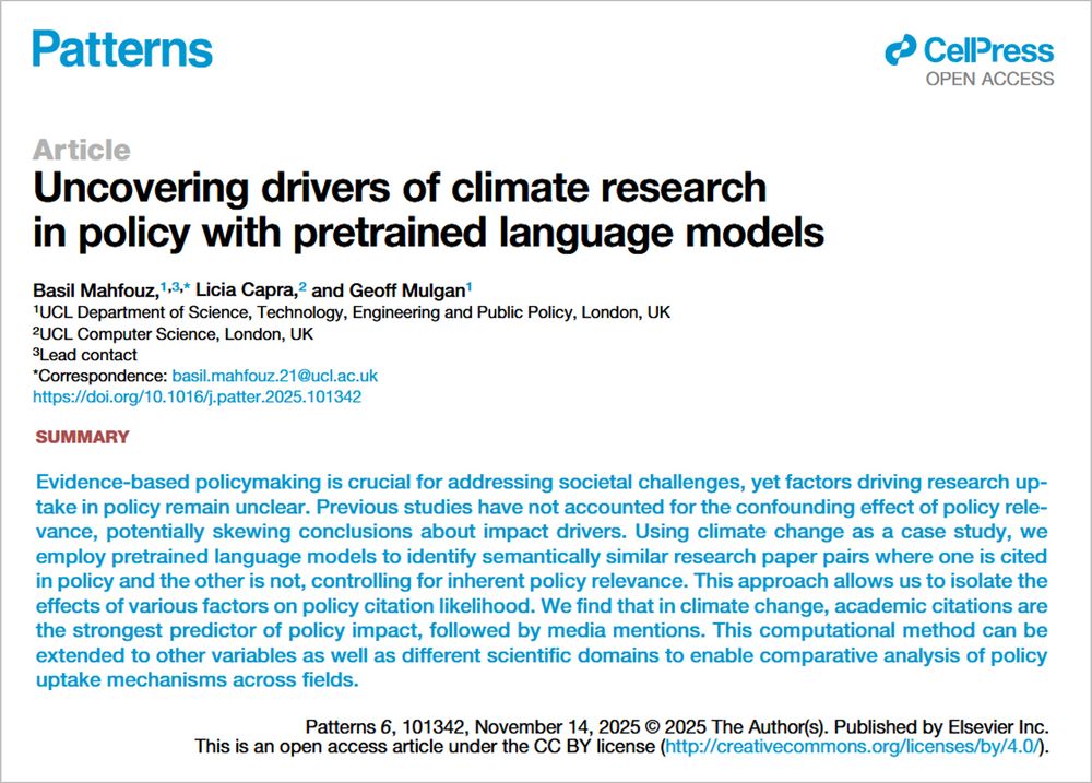 Title, authors’ names, and summary from a paper about using pretrained large language models to uncover drivers of uptake of climate research into policy