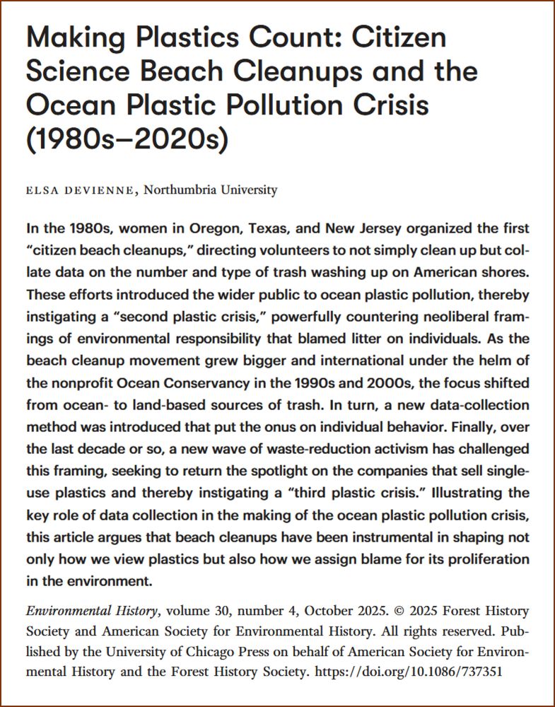 Title, author’s name, and abstract from a paper about citizen science, beach cleanups, and plastic pollution during the period from the 1980s to the 2020s