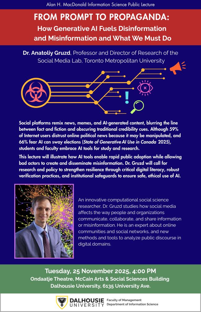 Image of poster for the Alan H. MacDonald Information Science Public Lecture at Dalhousie University by Anatoliy Gruzd on “From prompt to propaganda: How generative AI fuels disinformation and misinformation and what we can do”