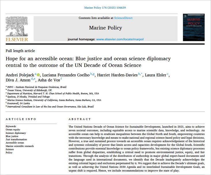 Title, authors’ names, and abstract from a paper about blue justice and ocean science diplomacy 