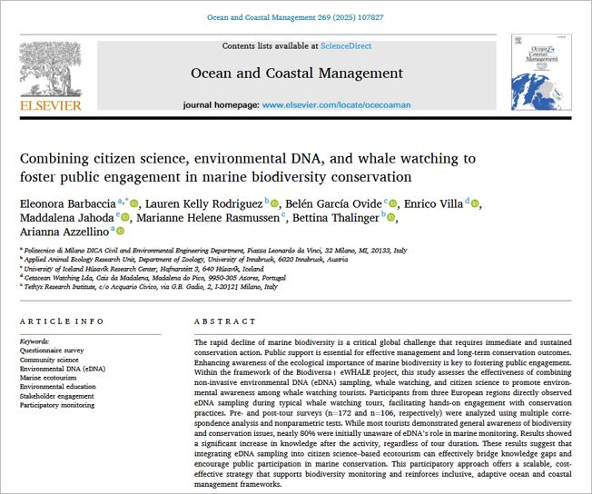 Title, authors’ names, abstract, and keywords from a paper about marine conservation, citizen science, and knowledge transfer in science-based ecotourism