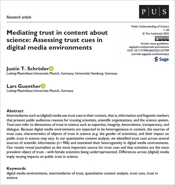 Title, authors’ names, abstract, and keywords from a paper about determining trust cues about scientific information in digital media 
