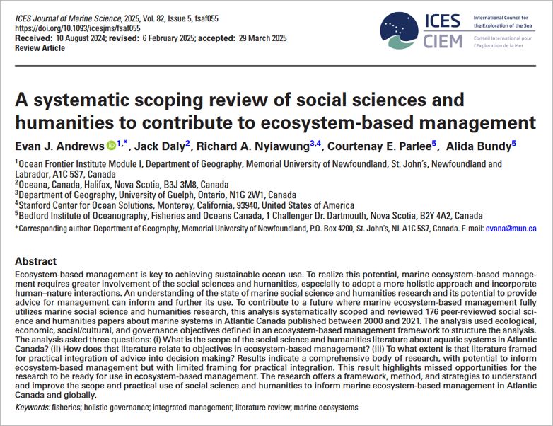 Title, authors’ names, and abstract from a review paper about the contributions of social sciences and humanities research to ecosystem-based marine management in Atlantic Canada