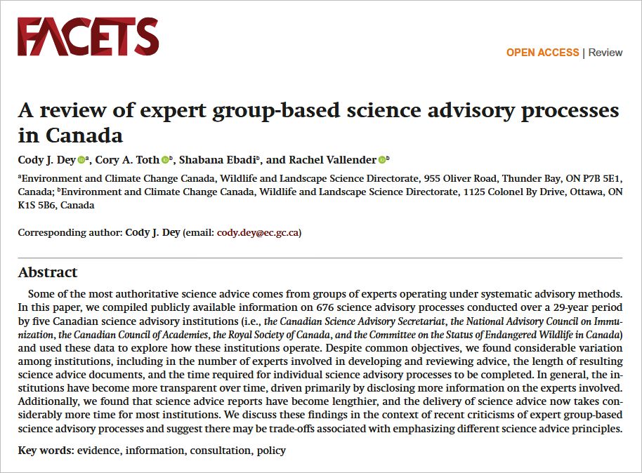 Title, authors’ names, abstract, and keywords from a paper about five science advisory systems in Canada 