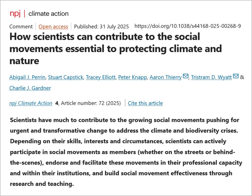 Title, authors’ names, and abstract from a perspective article about actions scientists can take to support social movements focused on today’s serious climate and environmental issues