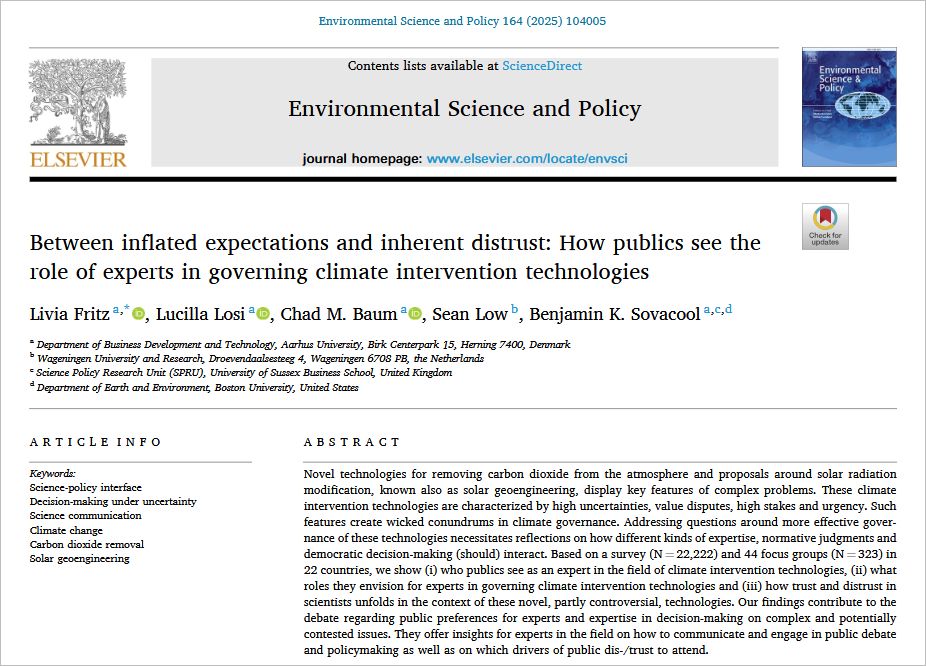 Title, authors’ names, and abstract from a paper about the role of experts and governance of climate intervention technologies 