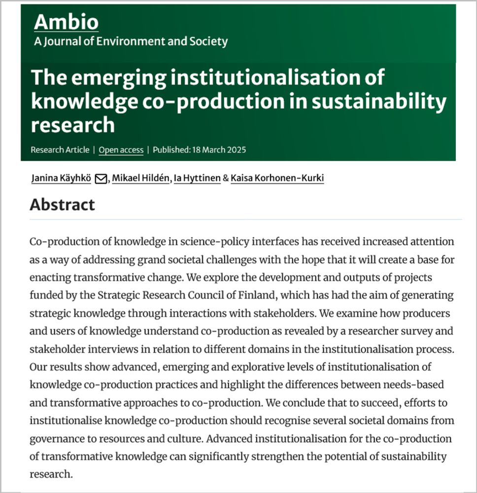 Title, authors’ names, and abstract from a paper about knowledge co-production in sustainability research in Finland 