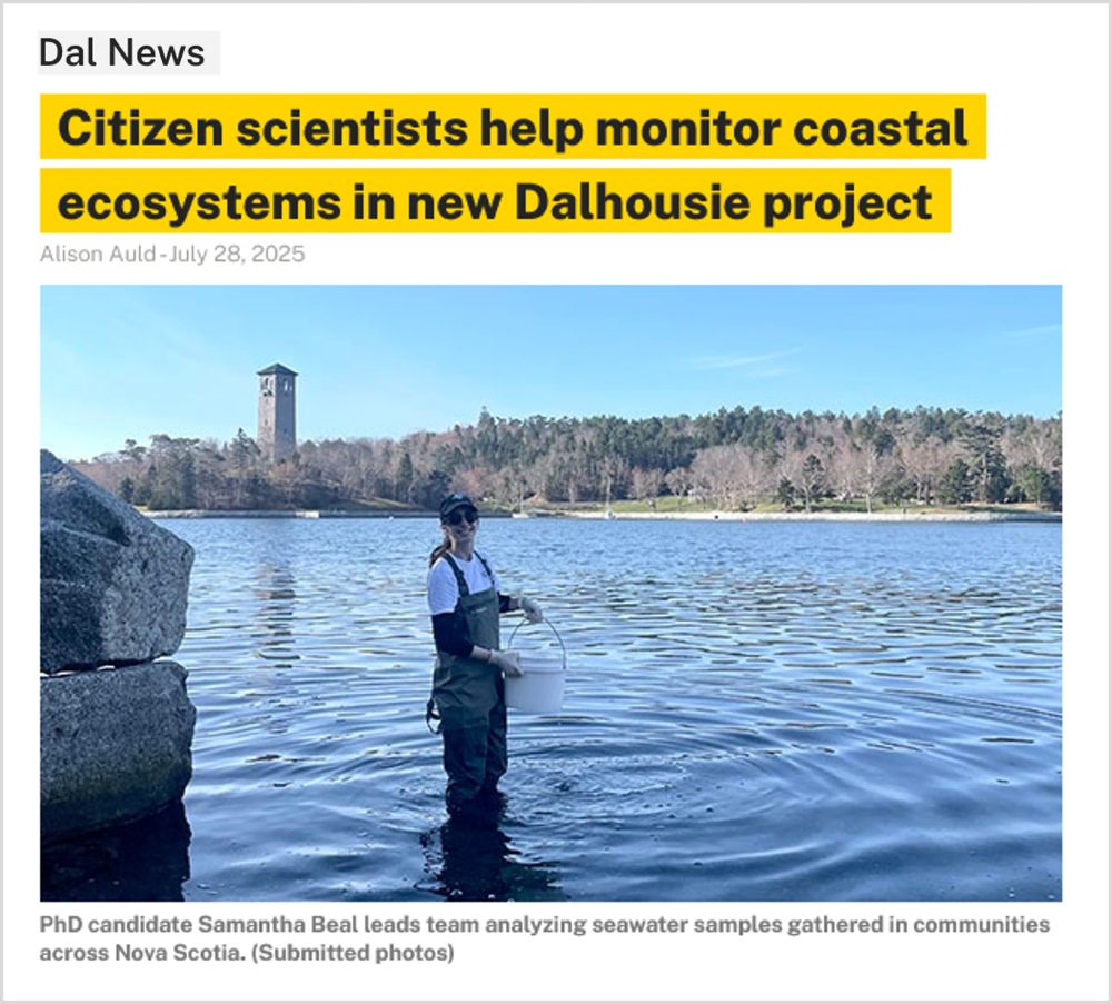 Title, journalist’s name, and photograph of a researcher collecting sea water samples from a news report about citizen science and coastal ecosystem monitoring led by Dalhousie University researchers