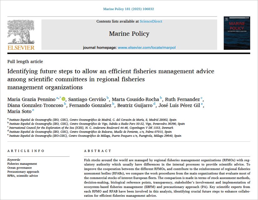 Title, authors’ names, and abstract from a paper about scientific advice about fisheries management provided through regional fisheries management organizations 