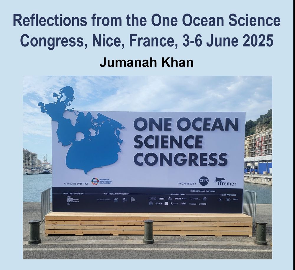 Title, author’s name, and photograph of an outdoor conference sign from a blog post about the One Ocean Science Congress in Nice, France, 3-6 June 2025 