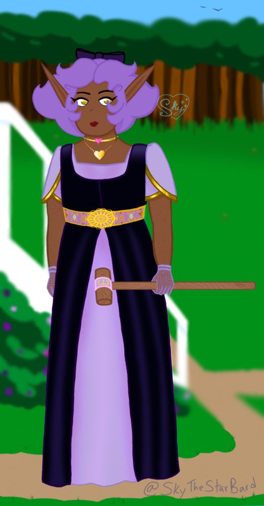 My sun elf wizard with freckles and lavender hair wearing a purple regency dress from Bridgerton and a purple bow in her hair in an outdoor background