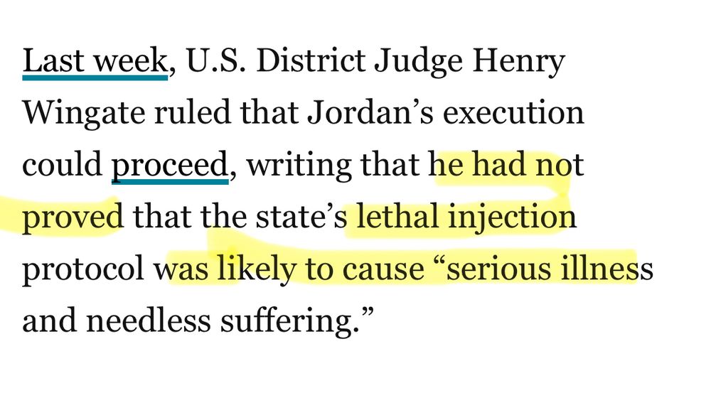 Last week, U.S. District Judge Henry Wingate ruled that Jordan's execution could proceed, writing that he had not proved that the state's lethal injection protocol was likely to cause "serious illness and needless suffering.
