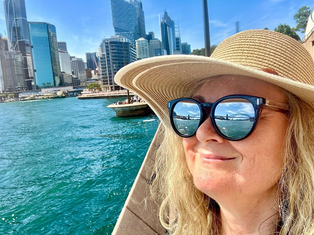 Sydney Harbour Bridge and beautiful sky/harbour colours are reflected in my sunglasses