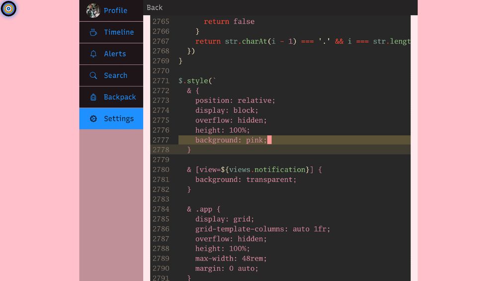 A screenshot of a bluesky client with the code for the client visible, where the user changed their background color to pink.