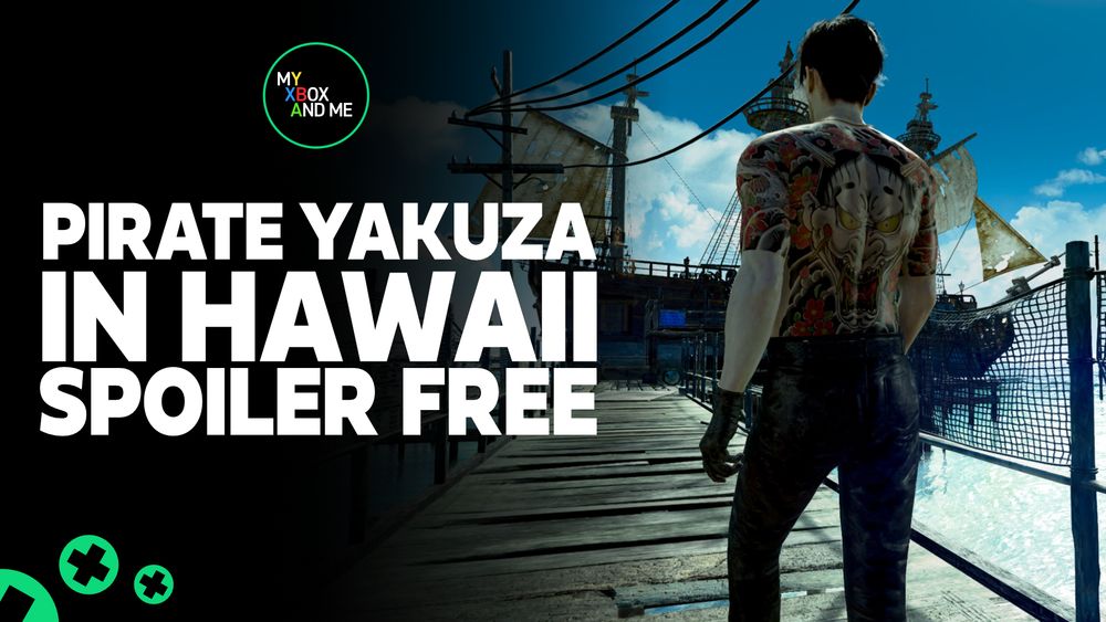 Goro Majima in the video game Like a dragon Pirate Yakuza in Hawaii. He is shirtless and walking away from the camera towards a pirate ship with a large demon tattoo across his back and shoulders. to the left in bold white words it says Pirate Yakuza in hawaii spoiler free.