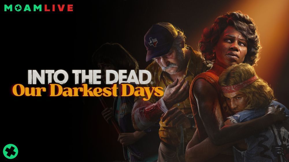 Thumbnail for a youtube video. Text on the left. MXAM Live: Into the Dead: Our Darkest Days. On the right are a variety of people looking tired and scared. an old man is bandaging a bite while a woman holds a young scared man