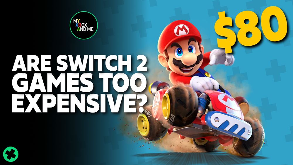 on the left. Are Switch 2 Games 2 expensive. On the right. Mario riding in a go cart pointing towards a large text that says $80