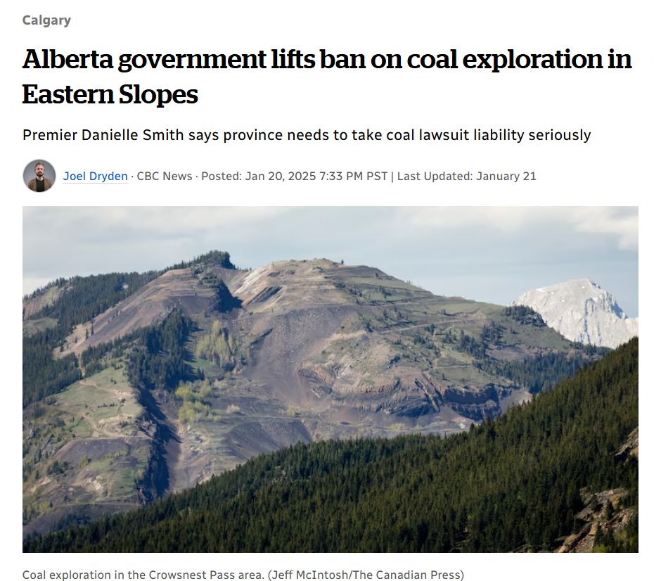 Newspaper story of Alberta liftin ban on coal exploration: https://www.cbc.ca/news/canada/calgary/aer-grassy-mountain-eastern-slopes-brian-jean-1.7436871