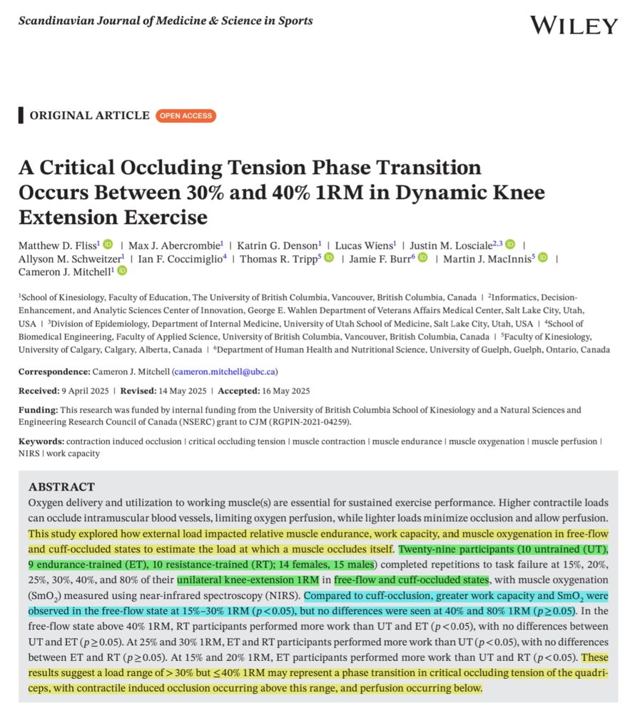 ABSTRACT Oxygen delivery and utilization to working muscle(s) are essential for sustained exercise performance. Higher contractile loads can occlude intramuscular blood vessels, limiting oxygen perfusion, while lighter loads minimize occlusion and allow perfusion. This study explored how external load impacted relative muscle endurance, work capacity, and muscle oxygenation in free-flow and cuff-occluded states to estimate the load at which a muscle occludes itself. Twenty-nine participants (10 untrained (UT), 9 endurance-trained (ET), 10 resistance-trained (RT); 14 females, 15 males) completed repetitions to task failure at 15%, 20%, 25%, 30%, 40%, and 80% of their unilateral knee-extension 1RM in free-flow and cuff-occluded states, with muscle oxygenation (SmO 2 ) measured using near-infrared spectroscopy (NIRS). Compared to cuff-occlusion, greater work capacity and SmO 2 were observed in the free-flow state at 15%–30% 1RM (p < 0.05), but no differences were seen at 40% and 80% 1RM (p ≥ 0.05). In the free-flow state above 40% 1RM, RT participants performed more work than UT and ET (p < 0.05), with no differences between UT and ET (p ≥ 0.05). At 25% and 30% 1RM, ET and RT participants performed more work than UT (p < 0.05), with no differences between ET and RT (p ≥ 0.05). At 15% and 20% 1RM, ET participants performed more work than UT and RT (p < 0.05). These results suggest a load range of > 30% but ≤ 40% 1RM may represent a phase transition in critical occluding tension of the quadriceps, with contractile induced occlusion occurring above this range, and perfusion occurring below.