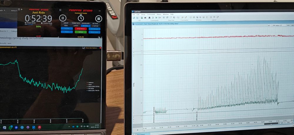 Desktop on the left shows muscle oxygen saturation (SmO2) in the vastus lateralis from Train.Red mNIRS, showing deoxygenation during repeated knee extensions to maximal task tolerance. Desktop on right shows intramuscular pressure from the same muscle, showing peaks during each contraction, where the magnitude of the peaks tends to increase during the set until near the end where fatigue limits the contraction pressure.