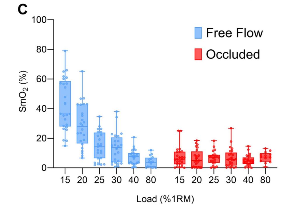 Figure showing muscle near-infrared spectroscopy (mNIRS) oxygen saturation (SmO2) with increasing loads (percent one rep maximum, 1RM) knee extension from 15% to 80% in free-flow and occluded conditions. SmO2 remains near zero at all loads during occluded exercise, but remains progressively higher at lower loads below 30% 1RM in free-flow conditions, implying that oxygen delivery is better able to maintain metabolic energetic balance with oxygen extraction at those lower loads, until the muscle reaches critical occlusion tension (COT) at higher loads, and self-occludes against blood flow.