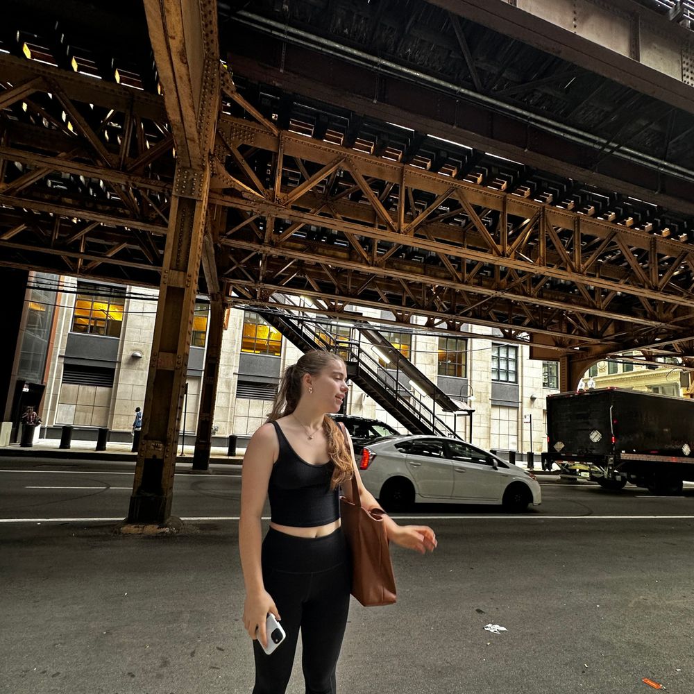 Yocheved underneath 'The Loop' 'El' train tracks in Downtown Chicago