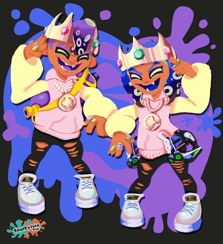 A purple octoling and a blue octoling, both wearing the Pearlescent Outfit and hitting the Bait the Hook emote. Each octoling is standing in front of an ink splatter corresponding to the other's ink color.
The purple octoling has the Splattershot strapped to their back and the blue octoling has the Dark Tetra Dualies holstered on their hip.