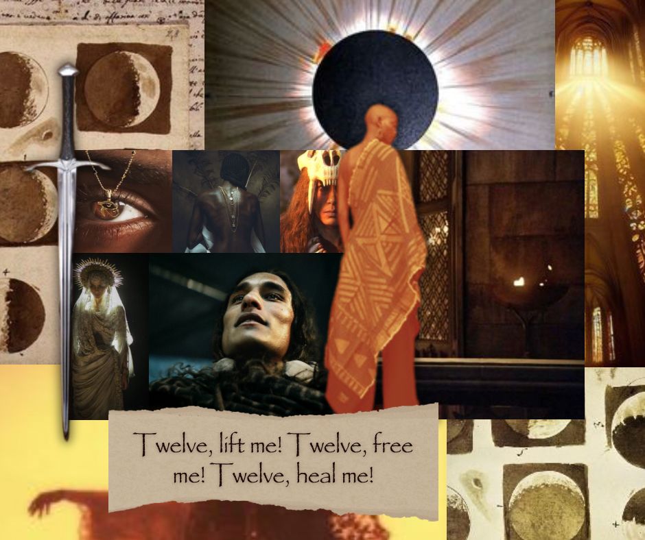 Foreground images: brown eye with necklace dangling in front, naked back of black woman, man wearing animal skull, woman in halo crown and white dress, under shot of powerful  man smiling, disc torch next to a window.

Cut outs: woman with an African print shawl over right side of body, large sword, and ripped paper with text reading: Twelve, lift me! Twelve, free me! Twelve, heal me!