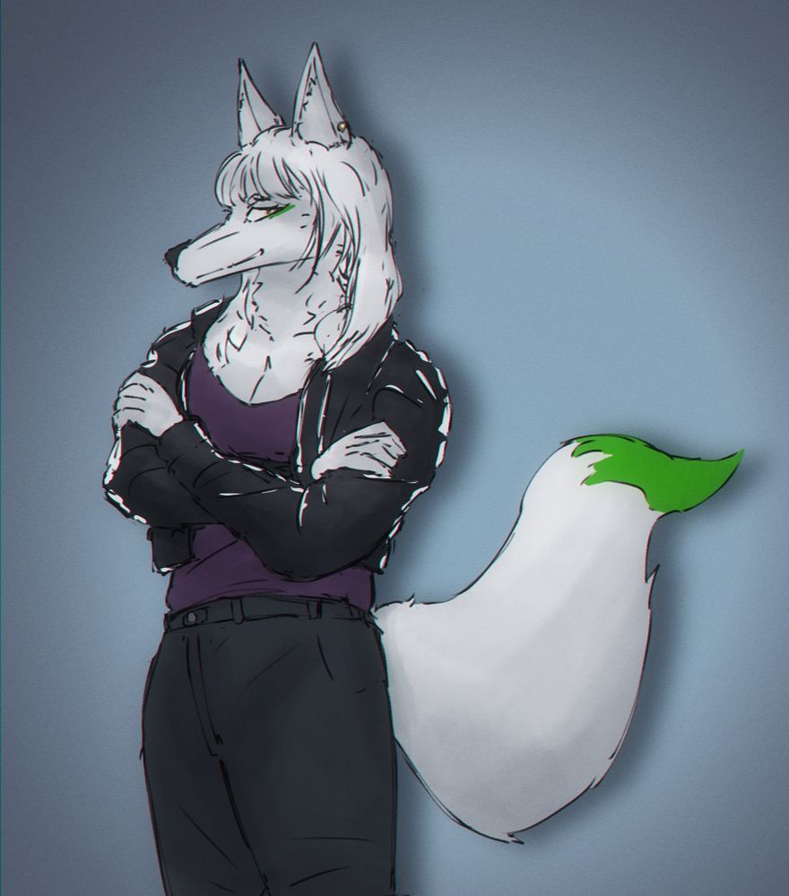 A version of Yumi with green eyeliner and tail tip, crossing her arms with a mean smirk. She has a black leather jacket and pants, and a deep purple undershirt.